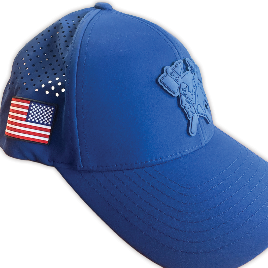 Branded Bills HAWKS Hat - BLUE W/ FULL COLOR FLAG SIDE PATCH (Adjustable)